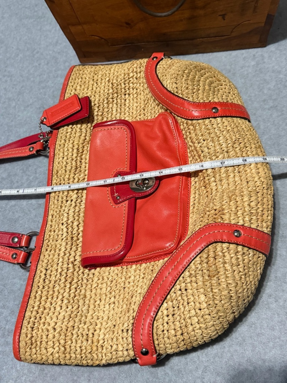 Coach Raffia Straw Tote Bag with Red & Orange Leather Trim Purse - Picture 14 of 15